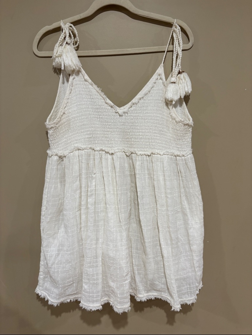 Free People White Gauze Smocked Tank Dress with Tassel Straps